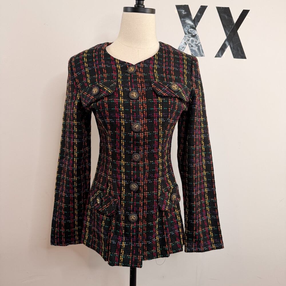 Y2K Rampage Black Multicolor Laser Check Gold Button Fitted Blazer Jacket M